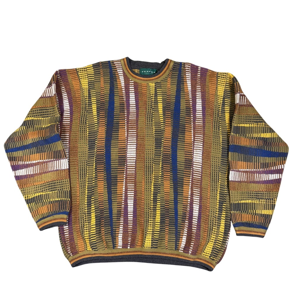Tundra Canada Vintage 3D Knit Sweater XXL Multi Color Vertical Stripe Coogi Look